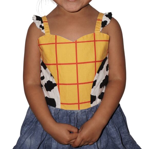 Woody Inspired Cow Print Denim Ruffle Dress Toddler 2T 3T Toy Story Costume - Picture 5 of 9